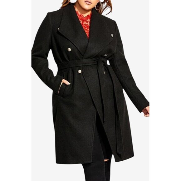 City Chic Plus Size Sassy Military Winter Long Pea Coat Black Plus Size 16 - Picture 1 of 5